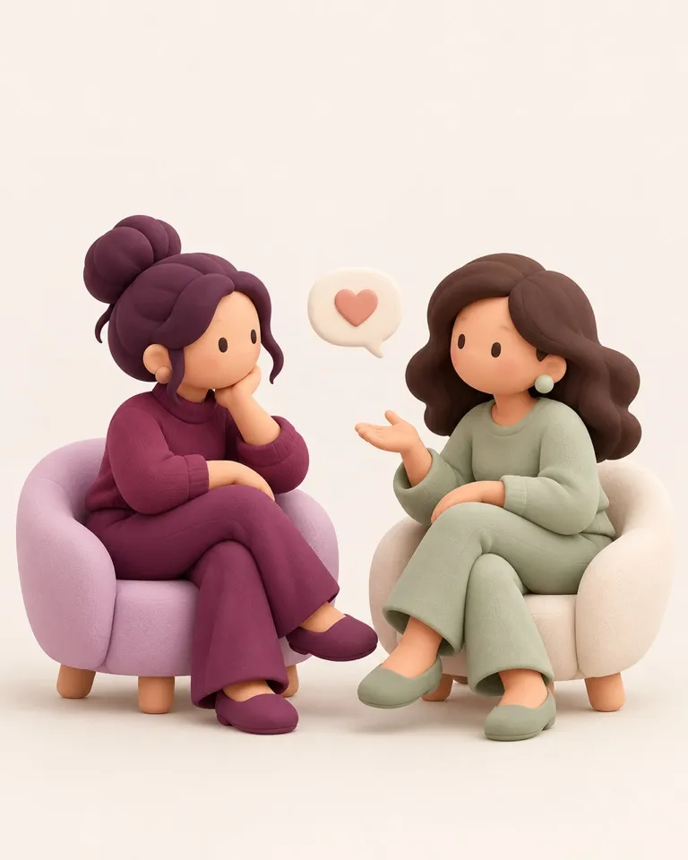 Illustration of two women talking in armchairs, one with a heart in her speech bubble.